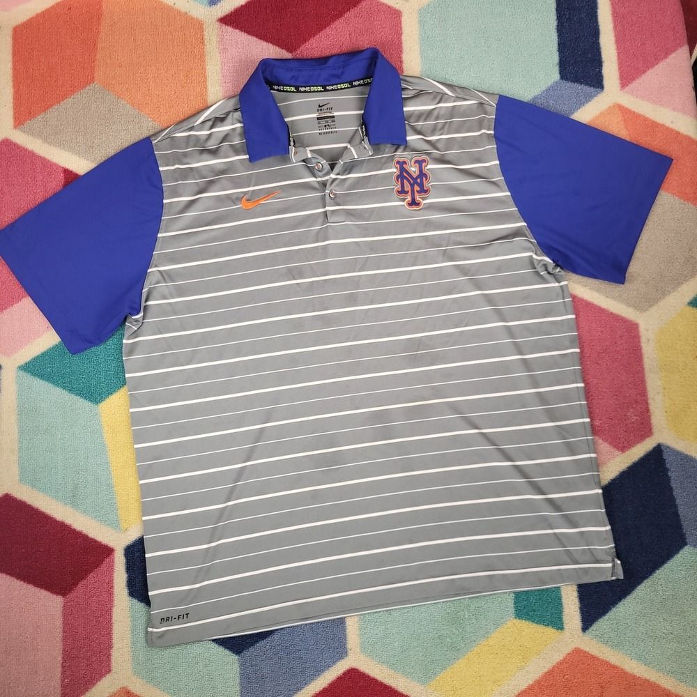 Nike New York Mets Dri-FIT Polo Shirt Mens XXL Grey Blue Striped MLB Golf Top‎